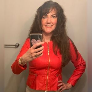Bright red peplum vegan leather jacket with zippers!